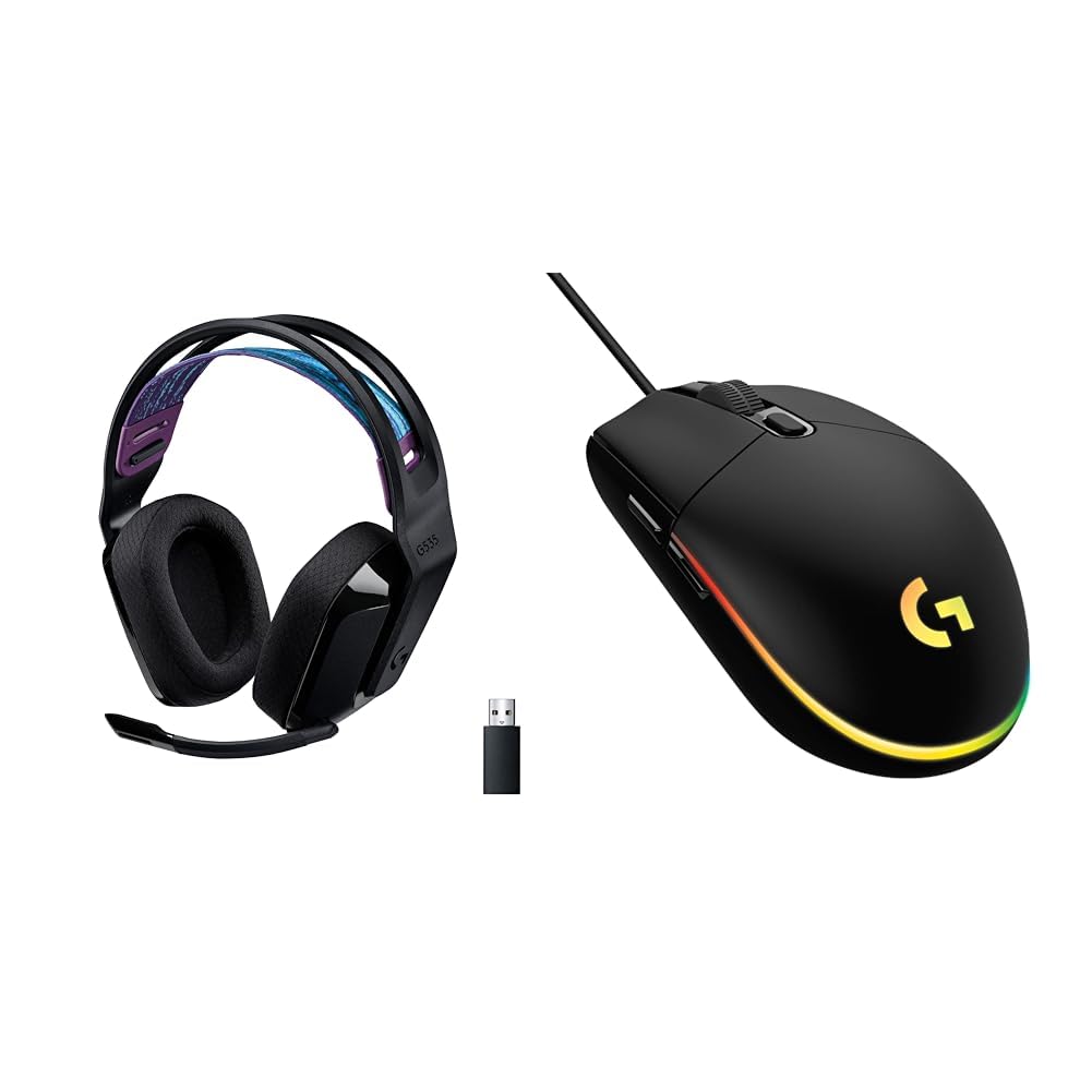 Logitech G535 Lightspeed para Gaming Auriculares inalámbricos con micrófono & 203 LIGHTSYNC Ratón USB Gaming con Iluminación RGB Personalizable, 6 Botones Programables