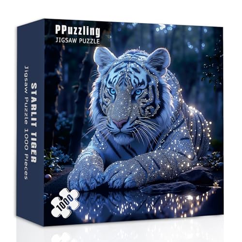 Puzzles para adultos PPuzzling 1000 piezas, Escena de bosque azul brillante, Rompecabezas de animales de fantasía Tigre blanco miniatura 2
