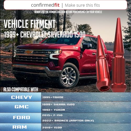 Image of Wheel Accessories Parts 24 Pcs + 1 Key M14x1.50 14x1.50 Thread Spike Spline 4.40 inch Long Lug Nuts Red Truck Spline Hex Fits Chevy Silverado GMC Sierra Ford F-150 RAM 1500