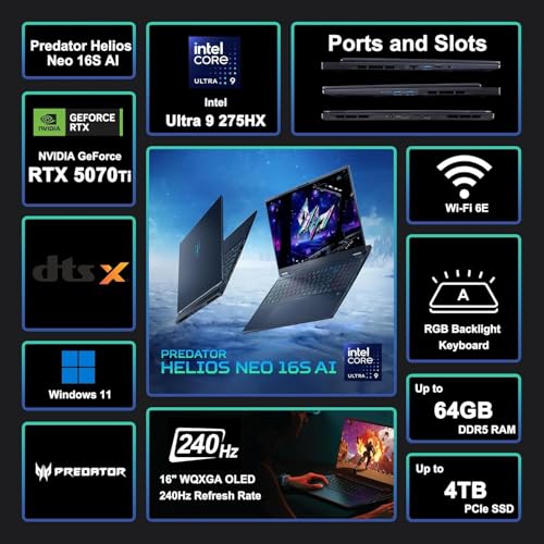 Image of Acer Predator Helios Neo 16 AI Gaming Laptop, 16 inch 240Hz IPS 2.5K Display, RTX 5070 Ti 12GB GDDR7, Intel Ultra 9 275HX 24-Core CPU, 64GB DDR5 RAM, 4TB SSD, Backlit KB, Thunderbolt 4, Win 11