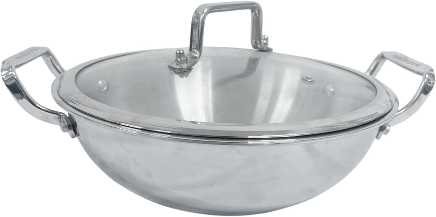 Housetronics Triply Stainless Steel Wok with Lid & Ergonomic Handle-Heavy Base Steel Woks (Kadai) Suitable for Both Gas & Induction Stove-Deep Frying Wok Stainless Steel Kadai (24 CM)