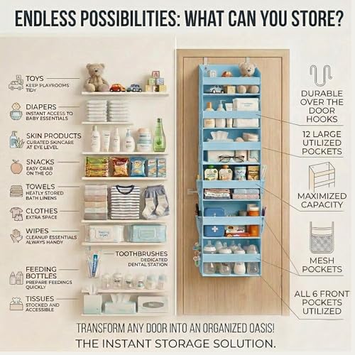 Image of HOMELUX THEORY UPGRADED 6 Tiers Over The Door Organizer Hanging - 100D EXTRA THICK & 50lbs HUGE CAPACITY, 12 Side Mesh Pockets Over The Door Shoe Organizer, Hanging Closet Organizer (Baby Blue, 1pc)