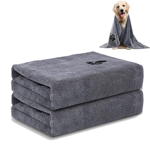 HNFKOZ Dog Towels for Drying Dogs, Super Absorbent 35x75cm, 100x50cm Set of 2 Microfibre Pet Towel, Dries Pets Quickly, Doubles as A Cozy Puppy Blanket (Grey)