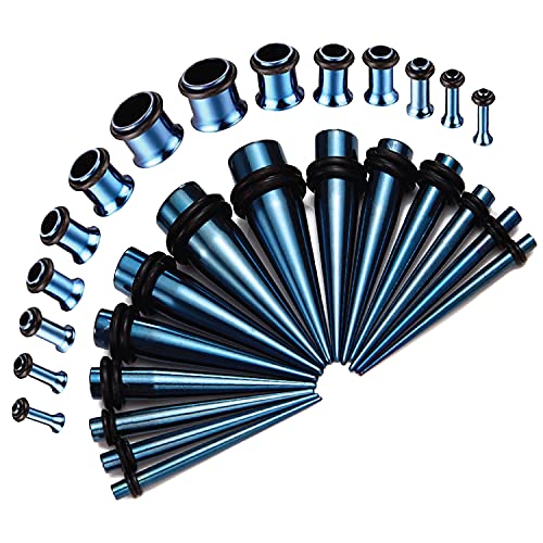 BodyJ4You 36PC Ear Stretching Kit - 14G-00G Beginner Gauges - Blue Steel Tapers Single Flare Plugs Tunnels - Stretchers Expanders Eyelets