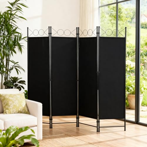 FDW 4 Panel Room Divider, 6FT Folding Privacy Screen Freestanding Partition Wall, Portable Room Separator for Dorm Bedroom Office Studio, Durable Metal Frame & Breathable Fabric, Dark Black by FDW - Used condition - Image 2