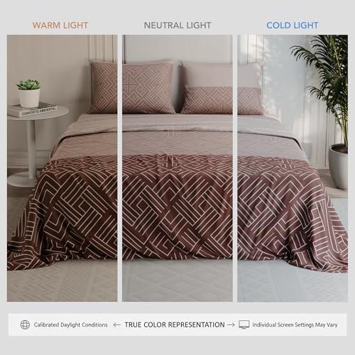 Image of BLISSHOME Everlast 150TC King Size Printed Bedsheet with 2 Pillow Covers for Double Bed, Aesthetic Bedding, Wrinkle Resistant, 100+ Wash Durable, Quick Dry, Geometric Pattern - Brown (228cm x 274cm)