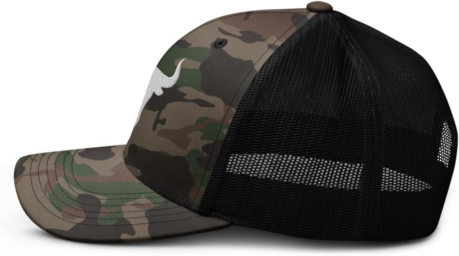 NX Camo Bull Head Rodeo Embroidered Curved Bill Camouflage Trucker Hat Low Crown Snapback Western Country Cowgirl Cowboy Hat