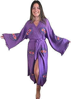 Handmade Evil Eye Kimono - Purple Festival Women Clothing - Bohemian Robe - Boho Cotton Cardigan - Dressing Gown