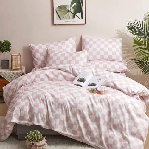 CLOTHKNOW Pink White Plaid Full Size Comforter Set Grid Bedding Comforter Sets Soft Geometric Checker Comforter with 2 x Pillow Cases