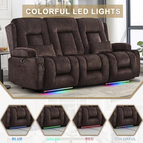 Image of URRED Power Loveseat Recliner Sofa with Massage and Heat, Wall Hugger Reclining Loveseat with Console, RV Couch Home Theater Seating with LED Lights for Living Room (Brown, 76.8 inch - 3 Seats)