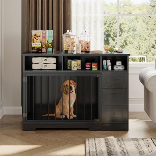 Dog Crate with 3 Storage Drawers, Wooden Indoor Kennel Cabinet with Food Bowl, 48 Inch Dog Crate Furniture for Small Medium Dogs, Black