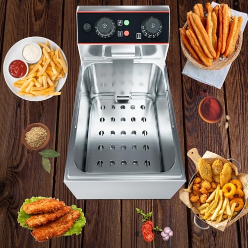 GarveeHome Commercial Deep Fryer with Basket, 6.3 QT/6 L Stainless Steel Electric Countertop Fryer with Temperature Control for Restaurant and Home Use,1500 W