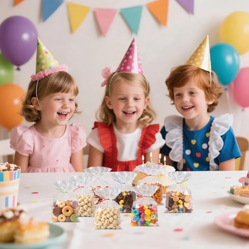 200 Stück Cellophantüten Klein, 10x15 cm Zellophantüten Tütchen Transparent Kleine Tüten für Süßigkeiten Zellophanbeutel mit 200 bunten Krawatten für Brot Kekse Kindergeburtstag Gastgeschenke Tütchen