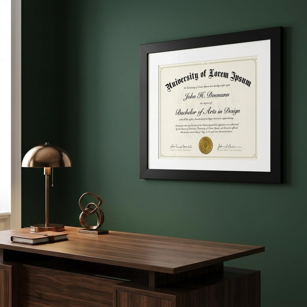 Diploma Frame with Mat, Shatter Resistant Glass Black Wall