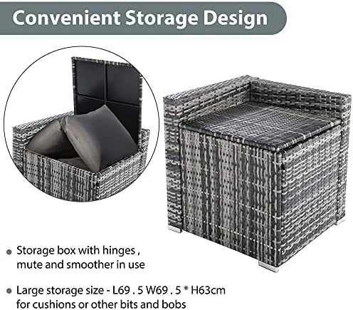 ZCBYBT 7 Seat PE Rattan Garden Terrace Corner Sofa Set, 130 * 70Cm Dining Table with Glass Top, Greenhouse Furniture Set with Cushion Side Storage Table