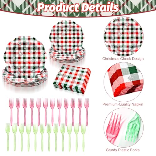 96 Pieces Christmas Plaid Tableware Set – Red and Green Checkered Disposable Plates, Napkins, and Forks with Snowflake Design for Holiday Parties, Winter Birthdays, and Seasonal Events – Image 4