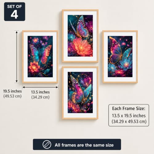 Image of Livin'luxe Set of 4 Neon Butterfly Floral Wall Paintings with Sparkle Laminate and Premium Wooden Synthetic Frame for Living Room Bedroom Office Decor (13.5 x 19.5 Inch)