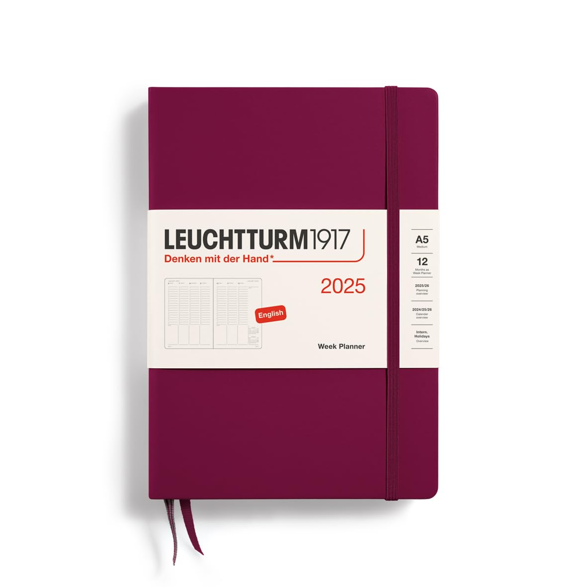 LEUCHTTURM1917 370795 - Agenda settimanale 2025, formato A5, copertina rigida, 12 mesi, a righe, colore: Rosso