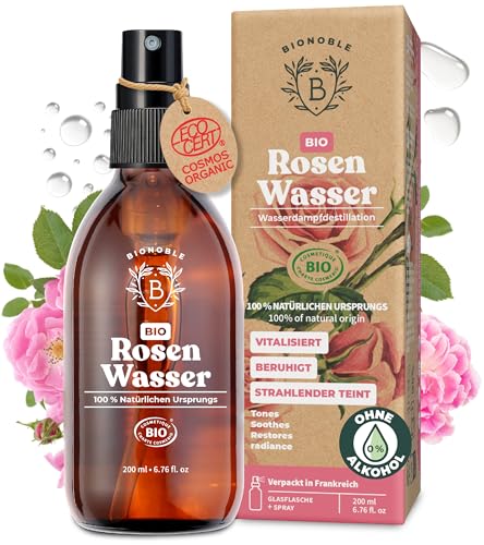 BIONOBLE Rosenwasser Bio - Vitalisiert, Beruhigt, Verleiht Strahlkraft - 100% Natürliches Rosenhydrolat Bio Ohne Alkohol - Rosenwasser Gesichtswasser, Haare - Rose Water Spray in Glasflasche - 200ml