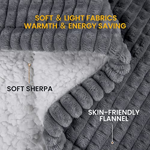 Electric Heated Throw Blanket, Machine Washable Flannel Sherpa Throw Blanket For Couch & Bed, Soft Ribbed Fast Heating Electric Blanket With 5 Heating Levels, 50"X60", Grey #TOP1