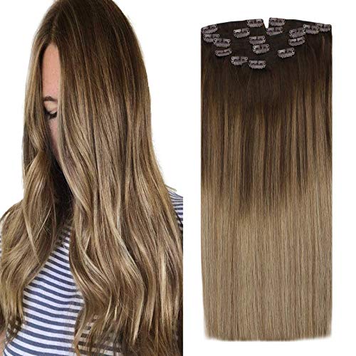 VeSunny 14inch Real Human Hair Extensions Clip in Highlighted Brown Fading to Golden Blonde mixed Natural Blonde Hair Extensions Clip in Remy Thick Hair Double Weft Straight 7pcs 120g