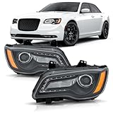 corkiauto Headlights Assembly Compatible with 2011-2023 Chrysler 300 w/LED DRL Halogen Type Projector Headlight Driver & Passenger Side, Blcak Housing Amber Side