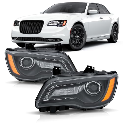 corkiauto Headlights Assembly Compatible with 2011-2023 Chrysler 300 w/LED DRL Halogen Type Projector Headlight Driver & Passenger Side Blcak Housing Amber Side