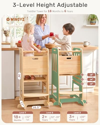 Image of WINGYZ Toddler Tower - Anti-Tip Natural Wood Learning Stool Helper for Kids 18M-6Y, 150lb Capacity Kitchen Stool with 3-Height Adjustable Platform and Sliding Door Access, 20lb Portable Design, Green