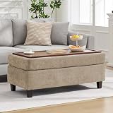 45 Inch Large Storage Ottoman Bench with Wooden Tray Coffee Table, Khaki Chenille Upholstered Foot Rest, Multifunctional Foot Stool Ottoman for Living Room, Bedroom & Entryway, Solid Wood Legs