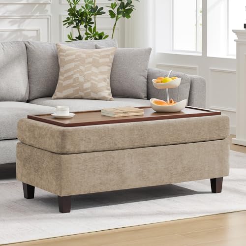 45 Inch Large Storage Ottoman Bench with Wooden Tray Coffee Table, Khaki Chenille Upholstered Foot...