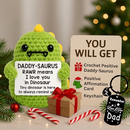Image of Birthday Gift for Dad Dinosaur Stuffed Animal with Inspirational Keychain, Handmade Positive Crochet Animals Dino, Sentimental Emotional Support Crochet Keepsake, Thoughtful