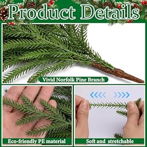 30 Pcs Christmas Norfolk Pine Branches 19 Extra Length Fake Greenery Norfolk Pine Stems Sprigs Artificial Xmas Branches Plants Pine Needles for DIY Craft Garland Home Garden Decor