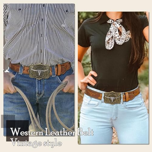 SUOSDEY Women Western Leather Belt, Cowboy Cowgirl Belt for Jeans Pants Longhorn Bull Big Buckle Belt2