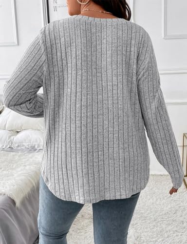 Image of Koscacy Women Plus Size Casual Knit Sweater V Neck Solid Color Tops Lightweight Long Sleeve Blouses