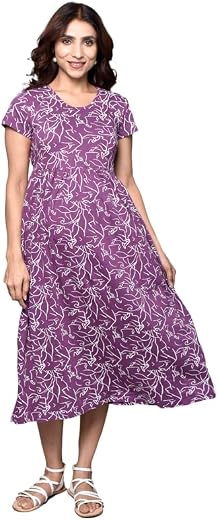 Inner Sense Organic Cotton Bamboo Feeding Kurtis for Women - Vertical Zipper Front Open Nighty - Soft, A-Line Pregnancy Dr...