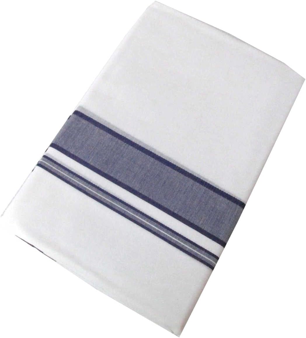 Kolakeer™ Men's Rich Cotton Dhoti with Canal Kara Border - 2.0 Mtrs/Single Layer South Indian Kerala Veshti Mundu (Navy)