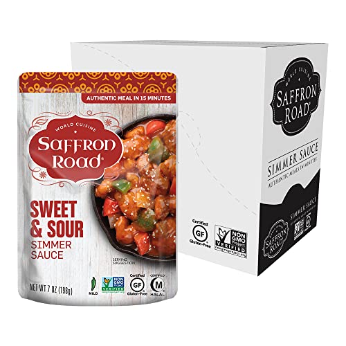 Saffron Road Sweet and Sour Simmer Sauce | Globally Inspired Simmer Sauce | Gluten-free, Vegan, Non-GMO, and Certified Halal and Kosher | 7.0oz Pouch | Pack of 8