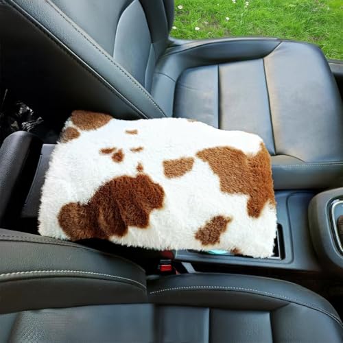 SuperKaKa Furry Cow Print Armrest Cover for Car, Plush Cute Center Console Pad Cars Interior Accessories for Women Men,Protector Fit Most Auto Vehicle, SUV, Truck Arm Rest Box(Black+White)