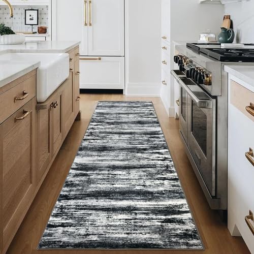 KOZYFLY Modern Abstract Washable Rug Runner 2.6x18 Hallway Rug Runner Non-Slip Soft Kitchen Runner Rugs, Black Navy Blue Grey Striped Carpet for Entryway Bathroom Laundry Room Foyer