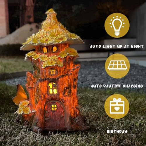 COWOS Solar Fairy House, Fairy Garden Decor House, Solar Powered Lights Garden Figurine for Outdoor Patio Lawn Yard Garden Decorations
