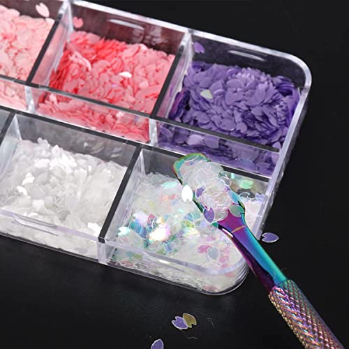 Holographic Nail Art Glitter Sequins, 6 Grids Cherry Blossom Nail Sequins 3D Sakura Flower Petals Nail Flakes Nail Supplies For Women Girls Acrylic Nail Decoration Crafts(Cherry Blossom) #TOP4