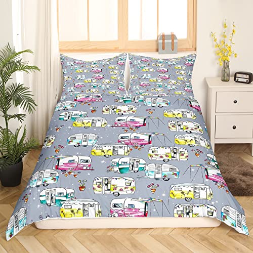 Camper Van Bedding Duvet Cover Set Kids Happy Camping Bedding Set Boys Girls Nature Farmhouse Glitter Decor Comforter Cover Set Microfiber Bedspread Cover Bedroom Bedclothes Single Size - Image 3