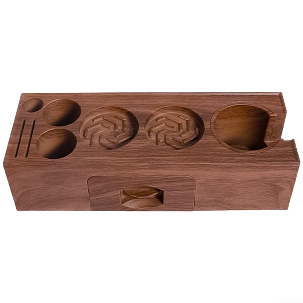 Soporte para café ABS con acabado de nogal con cajón extraíble, estación de apisonamiento espresso de 6 ranuras para el hogar para barista, soporte ajustable para portafiltro y accesorios