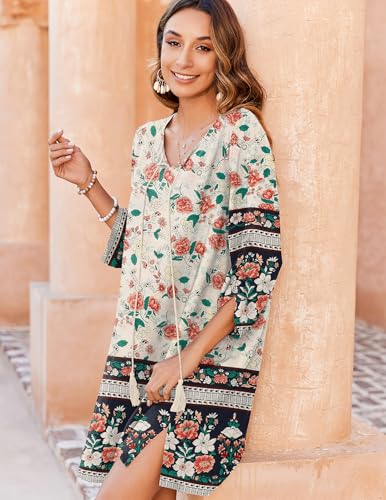 Image of Zeagoo Womens Boho Dresses Casual Beach Summer Dress Tassel Tie Neck 3 /4 Long Sleeve Mini Sundress 2026 Floral Print Cover Up