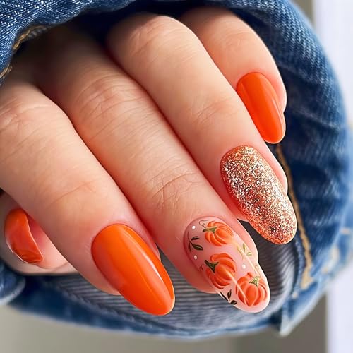24 Pcs Fall Pumpkin Press on Nails Medium Almond Fake Nails Gold ...