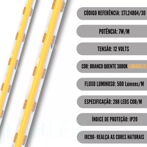 Kit 2x Fita LED COB 12V Stella 7W/m |288LEDs/m 5m, 3000K Branco