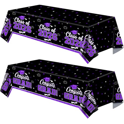 Suzkoqo 2026 Graduation Decorations 2Pcs Class of 2026 Graduation Tablecloth Gongrats Grad Table Cover for Graduation Party Supplies, 51 x 86 inch (Black-Purple)