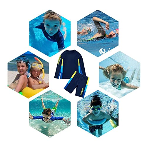 Boys Long Sleeve Swimsuits Upf 50+ Sun Protection Rash Guard Sets Two Piece Kids Summer Swimwear Bathing Suit With Hat Dark Blue #TOP5