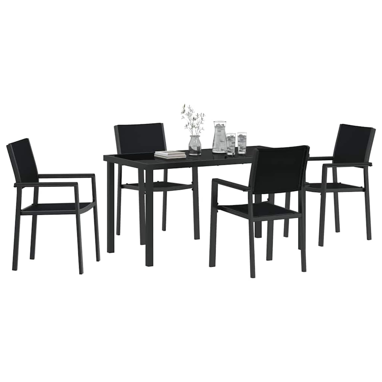 Geecher Set da Pranzo per Giardino 5 Pezzi, Design Moderno, Nero, Acciaio Verniciato a Polvere, sedie e Tavolo da Esterno, 4 posti, 140x70 cm, per cene all'aperto