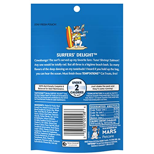 Image of Temptations MixUps Crunchy Cat Treats, Surfer's Delight, 3 oz, 12 Pack | Tuna, Shrimp & Salmon flavors, under 2 calories per treat, soft inside, resealable value pouch, promotes dental health